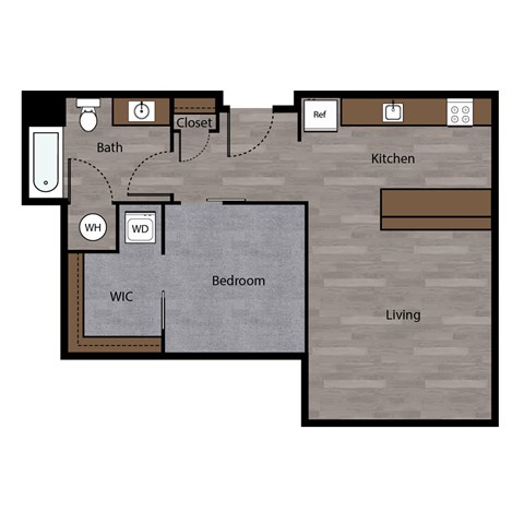 Floor plan for studio, 1 bath, 613 sqft